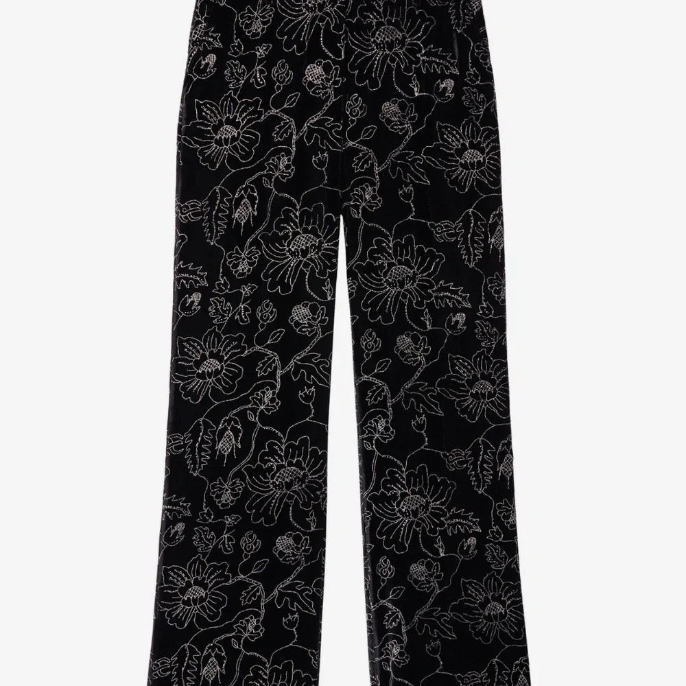 NWT | The Kooples | Black Velvet Trousers with Embroidered Metallic Floral Print - Picture 3 of 11